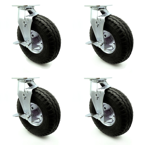 10 Inch Black Pneumatic Wheel Swivel Casters with Brakes Set